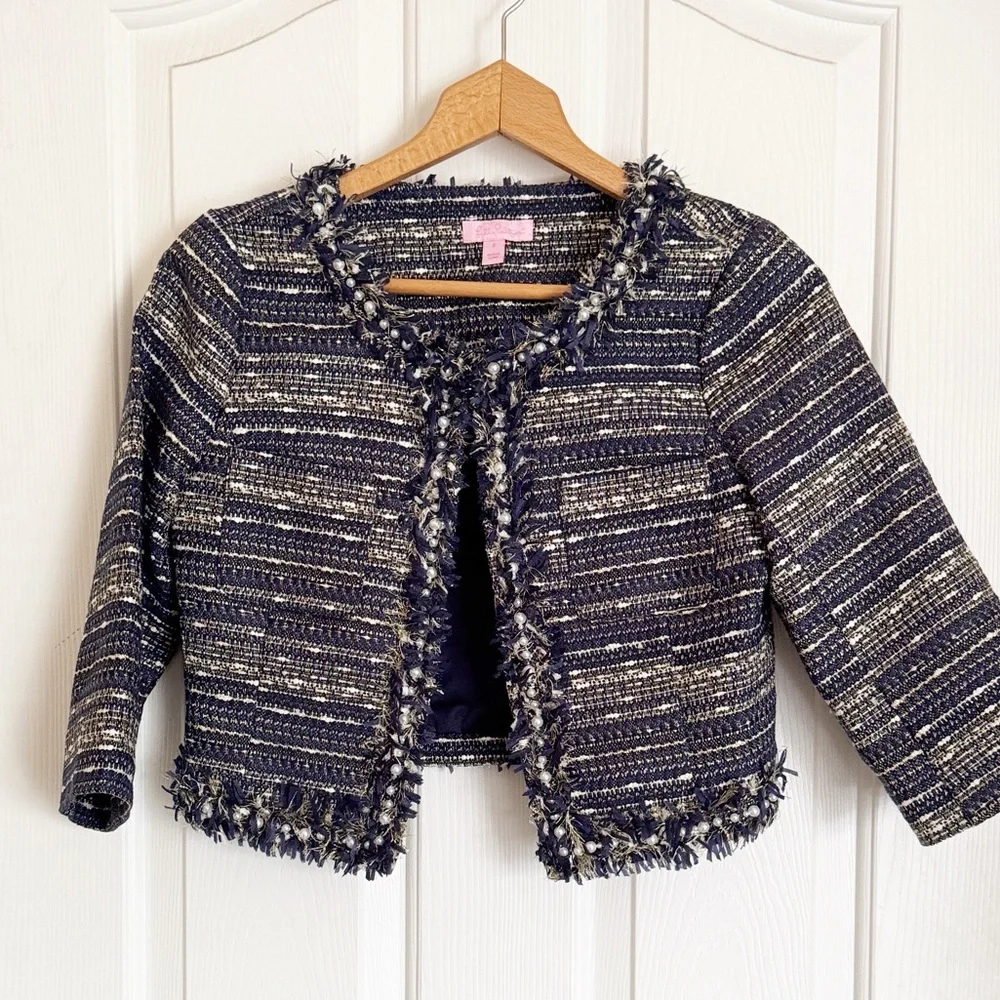 Lilly Pulitzer Hagen Metallic Navy Blue Tweed Cropped Blazer Jacket size 2 - Picture 2 of 11